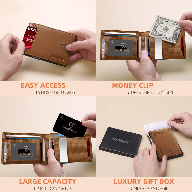 RUNBOX Money Clip Wallets for Men,Slim Leather Mens Bifold Wallet,RFID Blocking Front Pocket Wallet,Thin Credit Card Holder with Gift Box - Image 2